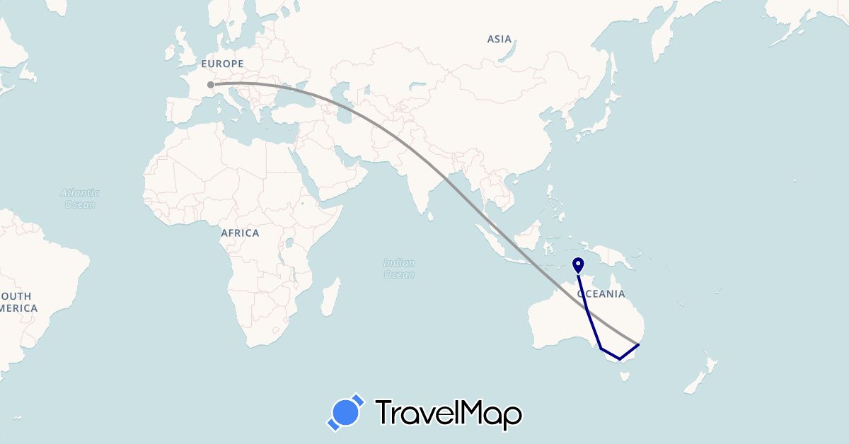 TravelMap itinerary: driving, plane in Australia, Switzerland, Thailand (Asia, Europe, Oceania)